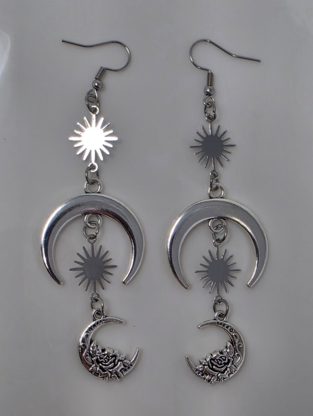 Moonlit Roses Silver Crescent Moon Star Dangle Earrings